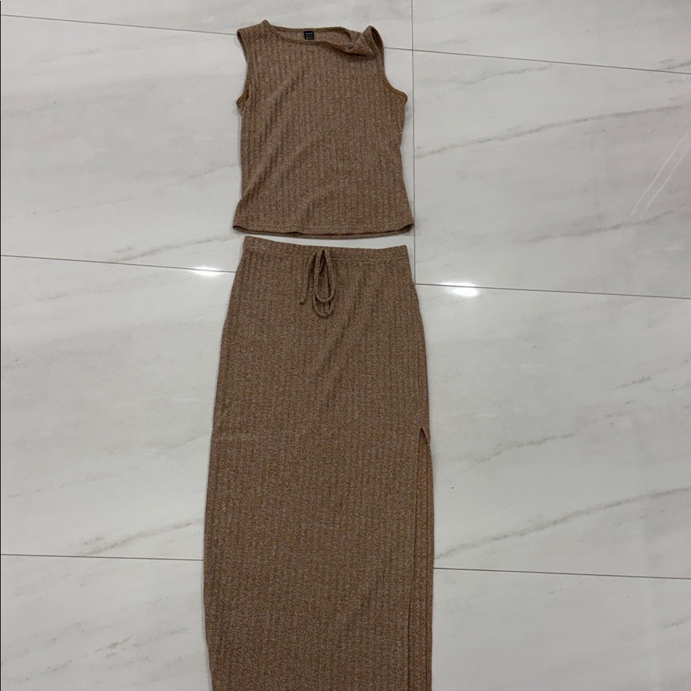 SHEIN Brown Ribbed Maxi Skirt with Side Slit